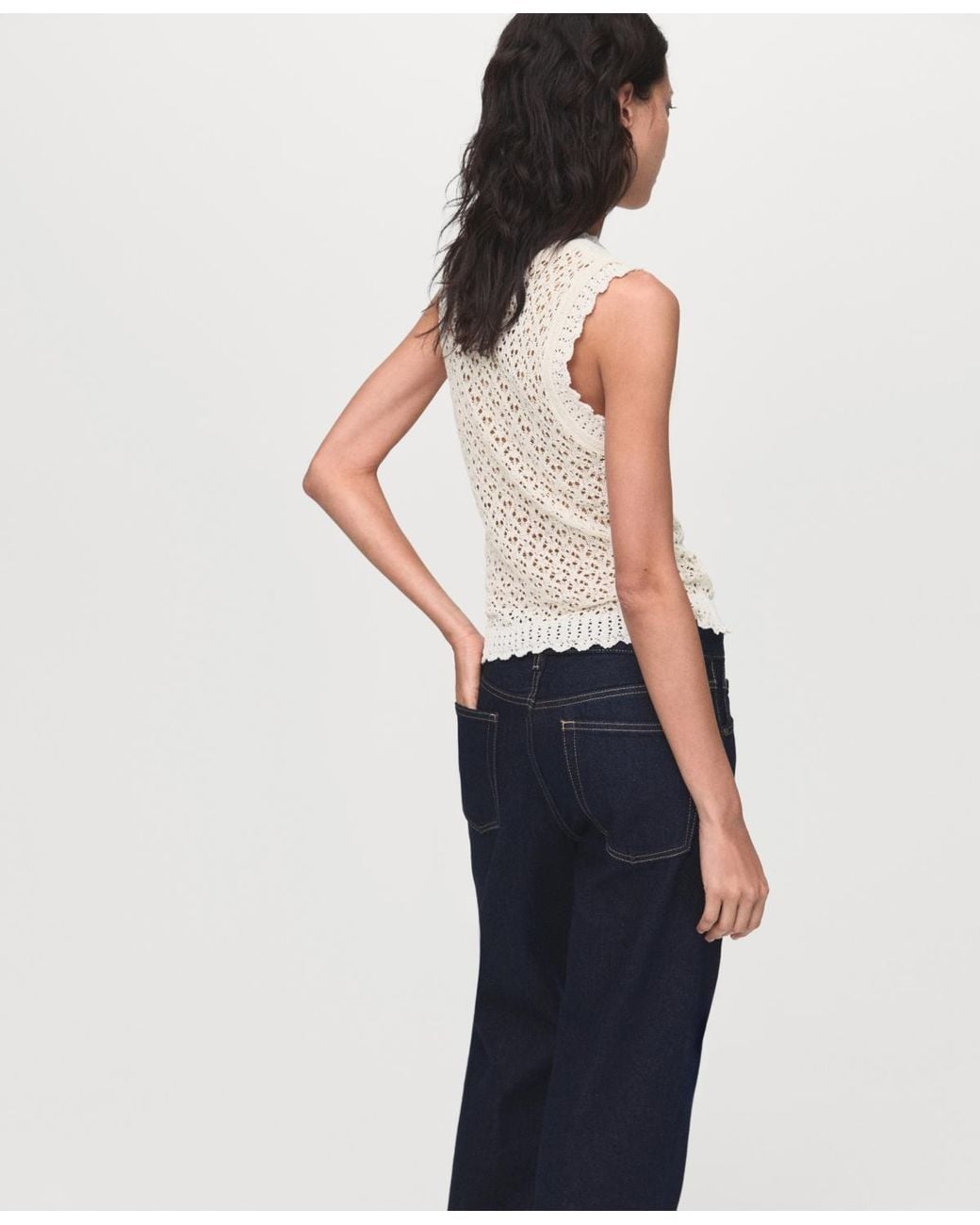 Mango White Openwork Knit Top