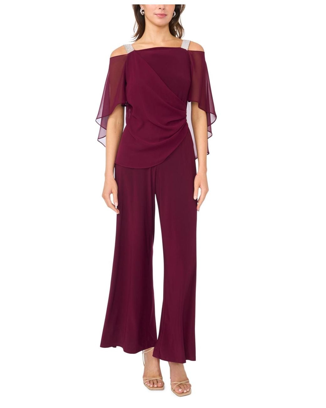 Msk Red Side-draped Cold-shoulder Jumpsuit