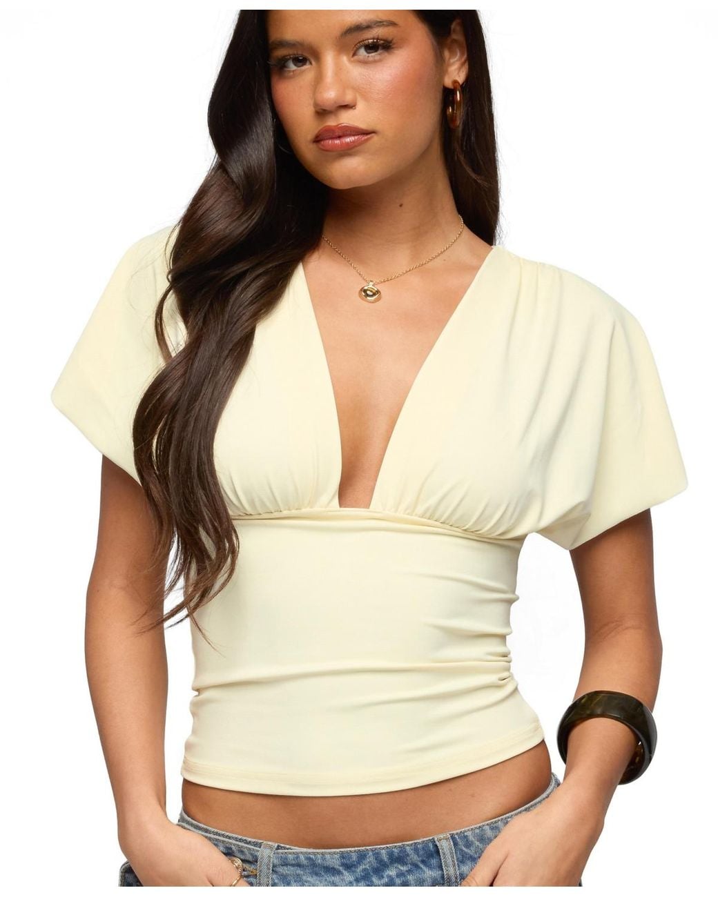 Edikted Brown Flutter Plunging V Neck Top