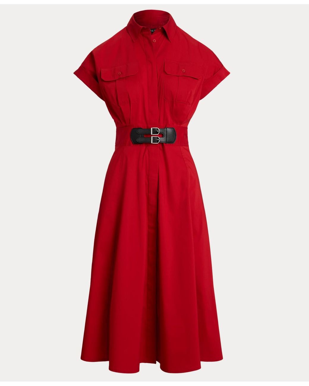 Ralph Lauren Buckle-trim Cotton-blend Shirtdress in Red | Lyst