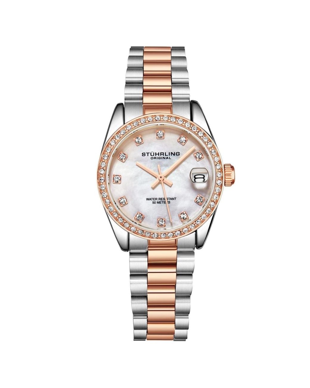 Stuhrling Lineage 3936.1 S Quartz Watch 31mm Stainless Steel Silver Bracelet White Mother-of-pearl Dial Crystal Bezel