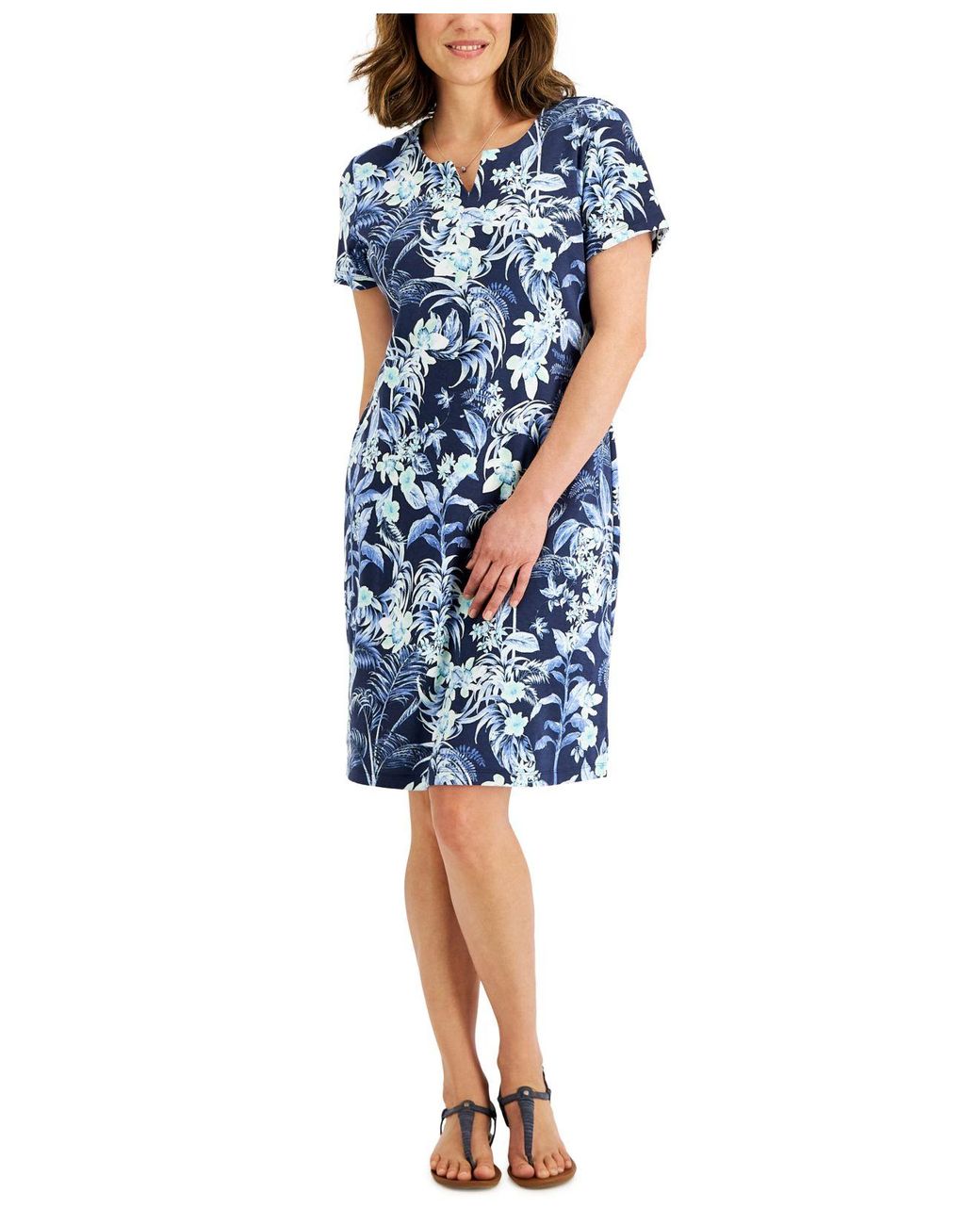 Karen Scott Bali Printed Split-neck Dress, Created For Macy's in Blue |  Lyst Canada