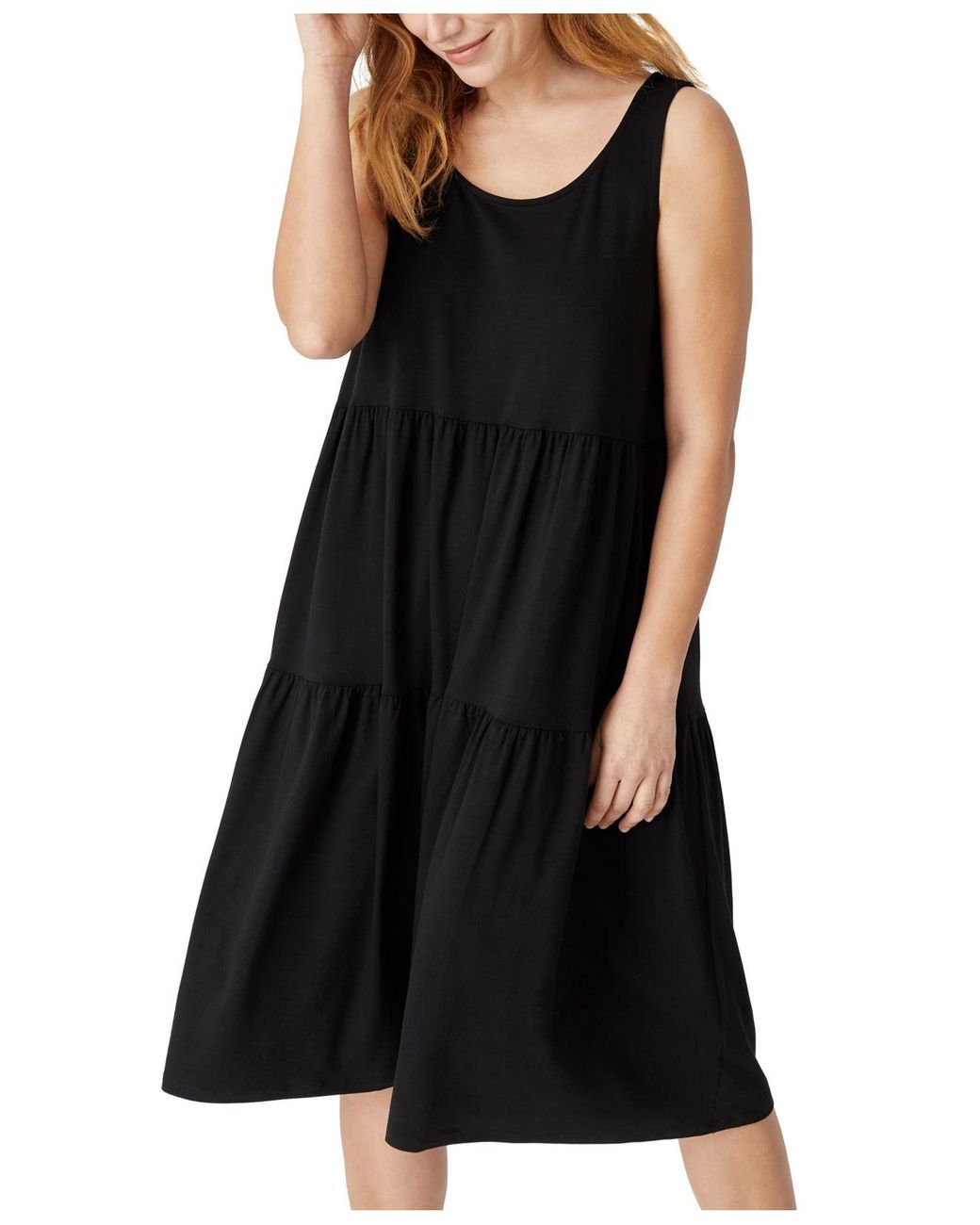 Eileen Fisher Organic Linen Scoop-neck Tiered Dress in Black - Lyst