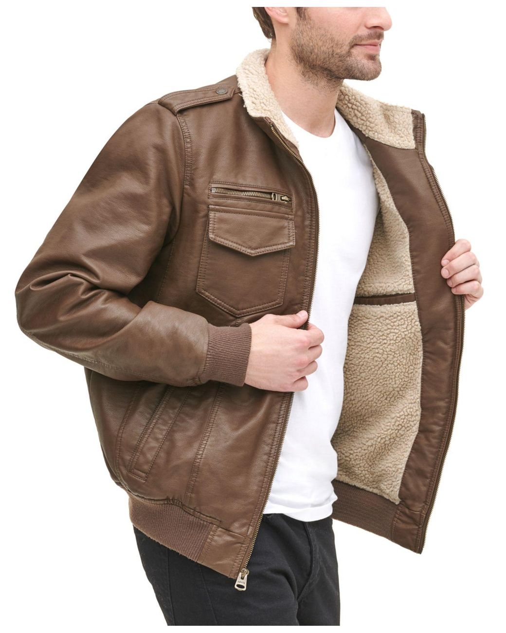 Levi's Sherpa Lined Faux Leather Aviator Bomber in Brown for Men | Lyst