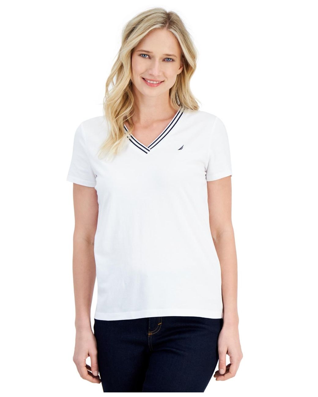 Nautica White Jeans Solid Stripe-trim V-neck