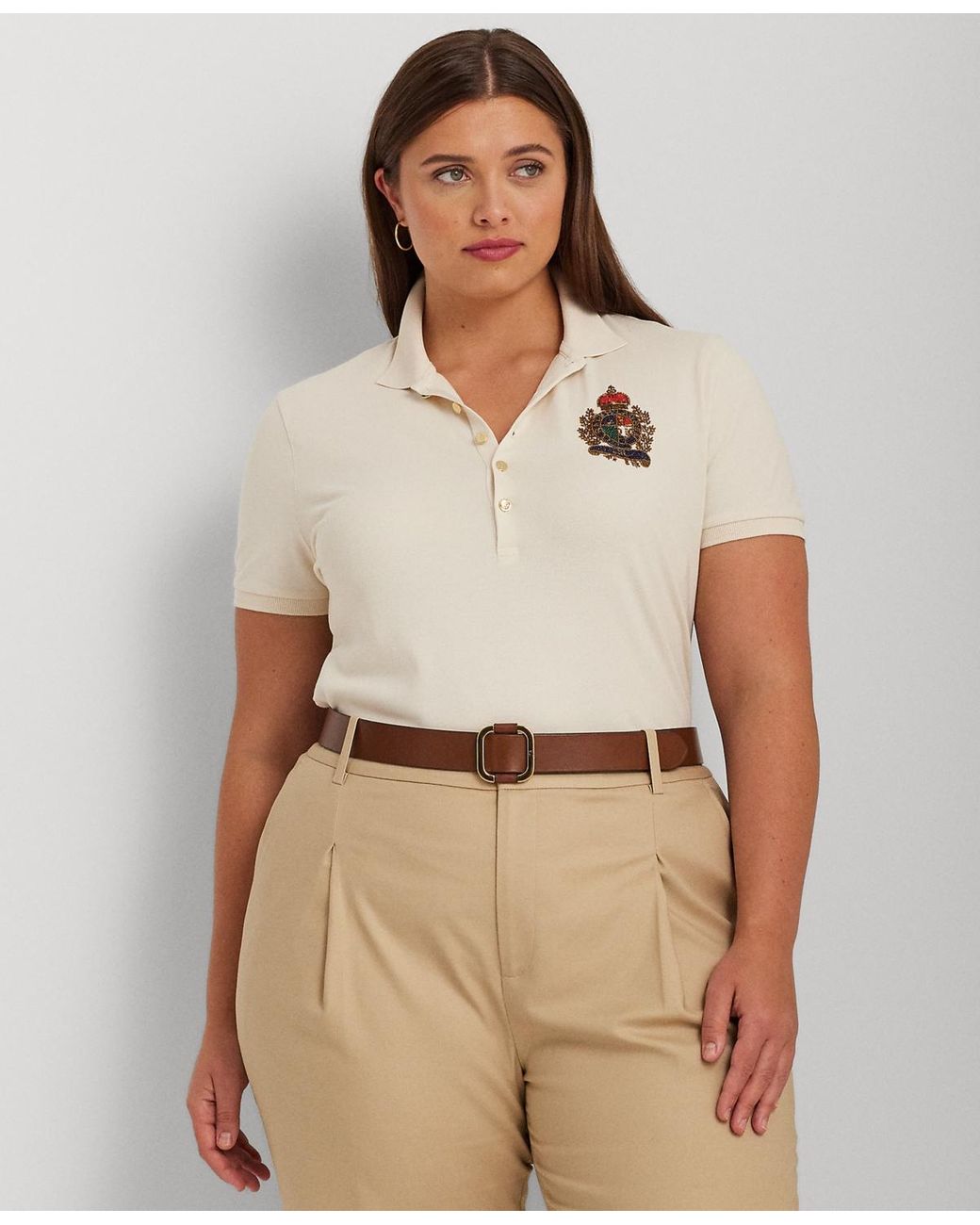 Lauren by Ralph Lauren Plus Size Beaded Crest Polo Shirt in Natural