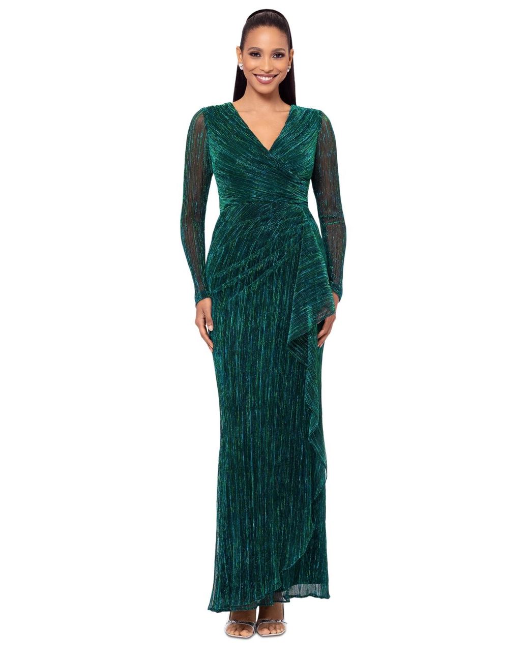 Betsy Adam Metallic Draped Long sleeve Gown in Green Lyst