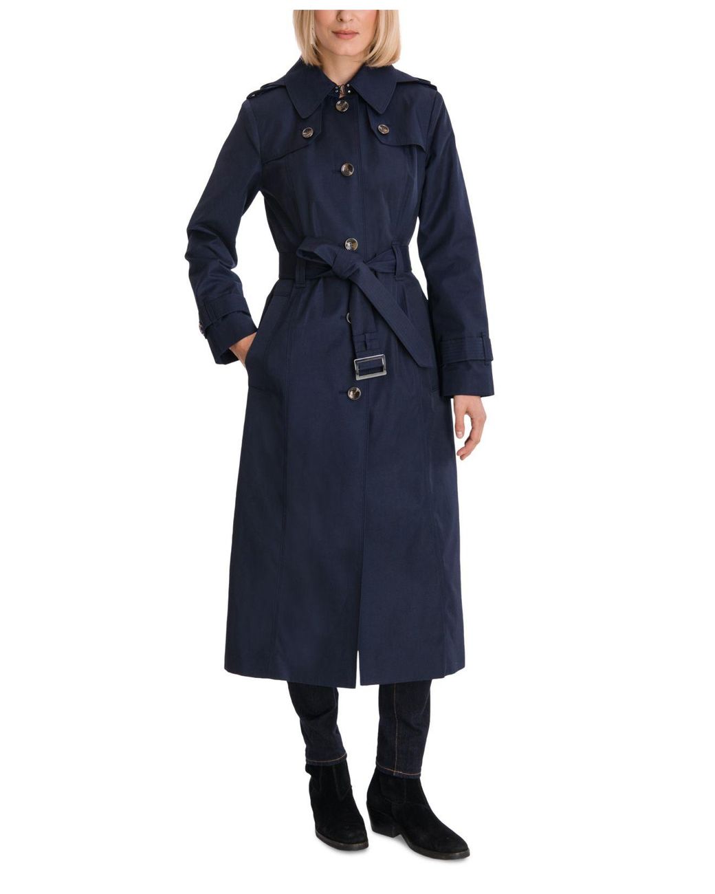 London Fog Cotton Single-breasted Hooded Maxi Trench Coat in Navy (Blue ...