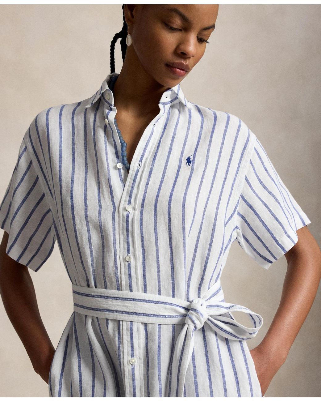 Polo Ralph Lauren Natural Striped 100% Linen Short-sleeve Shirtdress