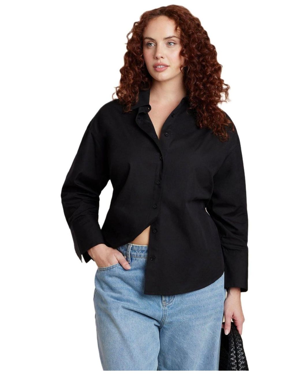 Eloquii Black Plus Size Tie Back Button Up Top