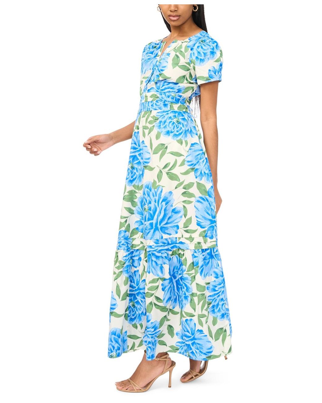 Round Split Neck Msk Split Neck Short-sleeve Maxi Dress in Blue | Lyst