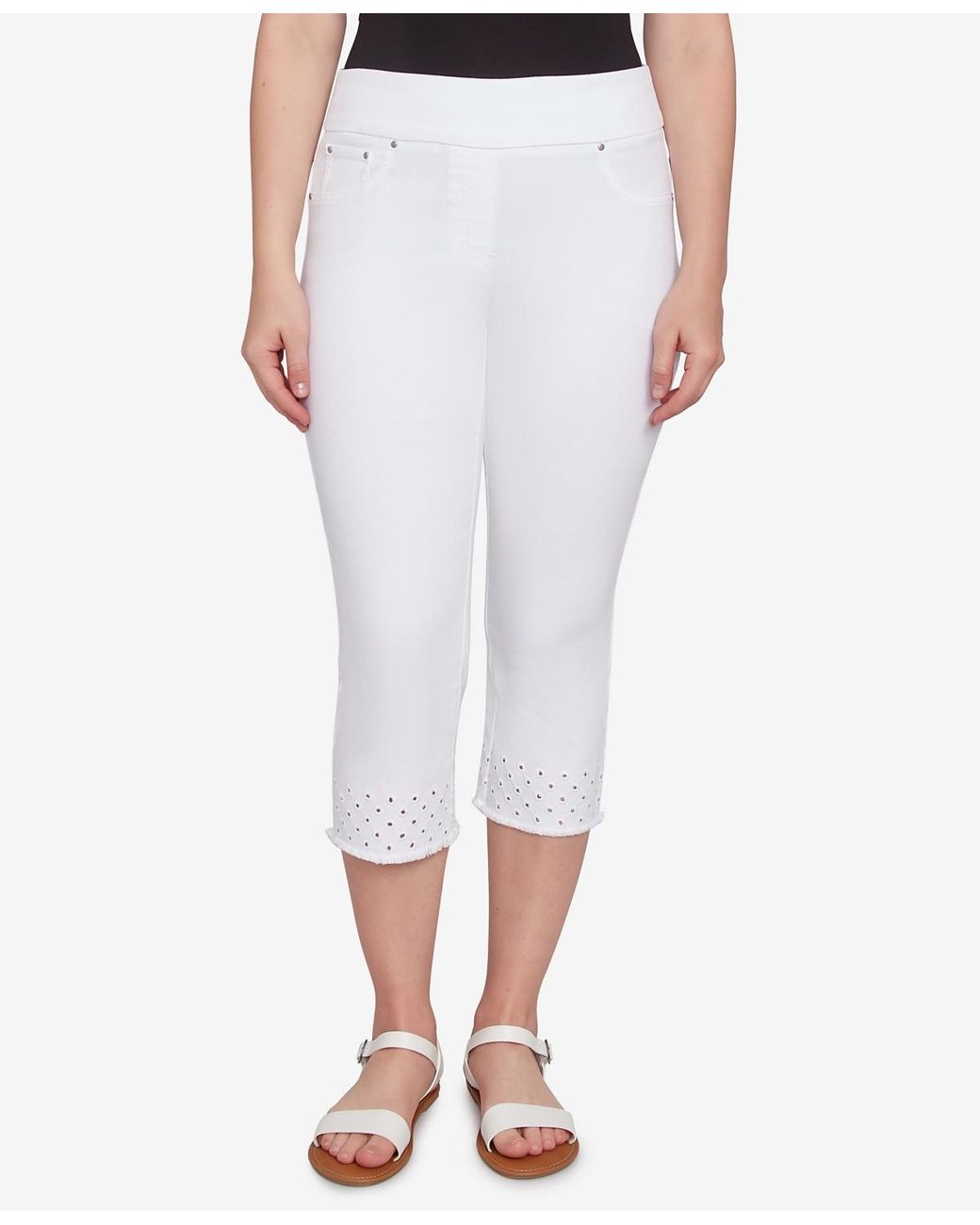 Ruby Rd Jeans Ruby Rd. Petite Embroidered Hem Soft Stretch Denim Capri Jeans in White ...