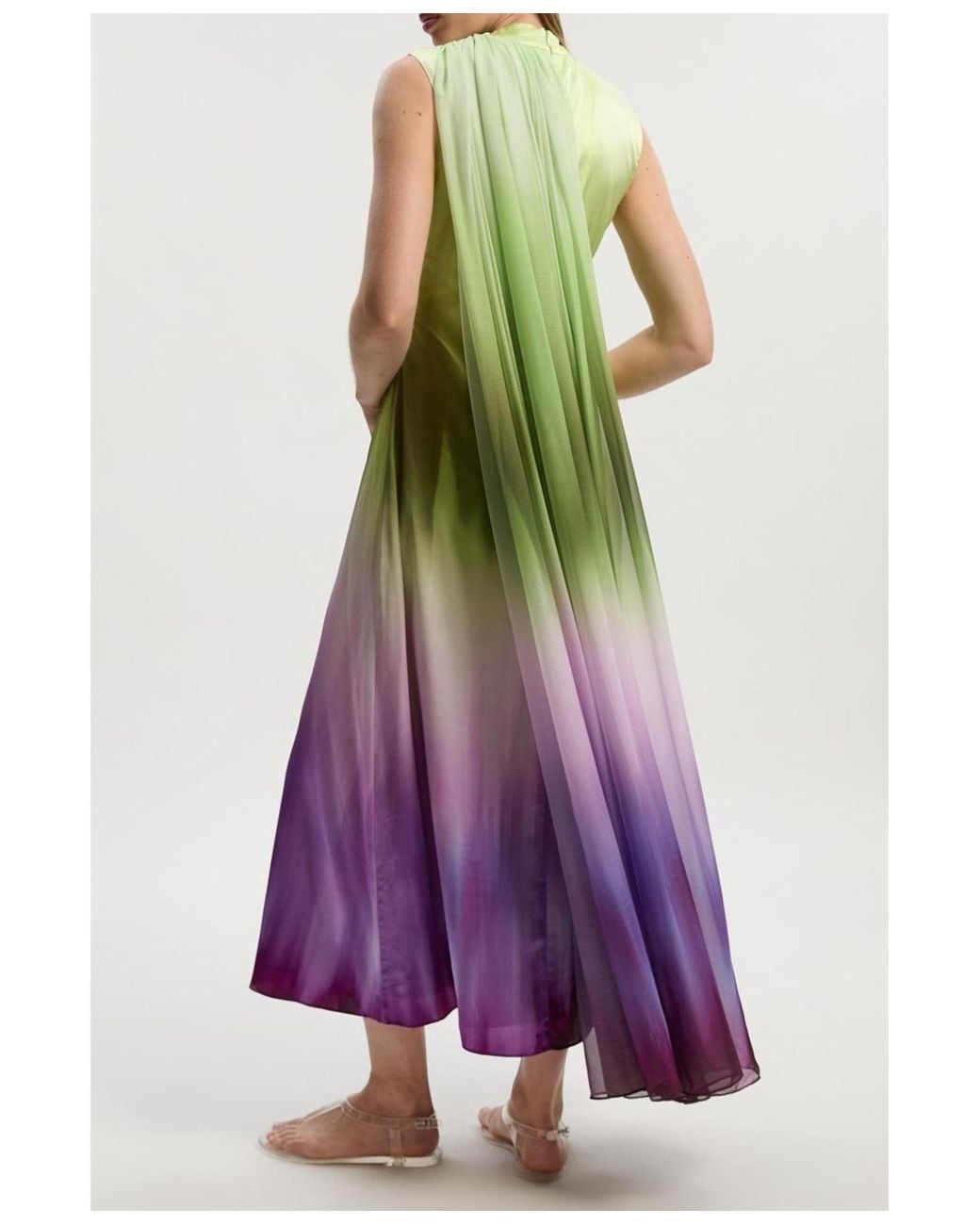 green dress with leaves Foil Leaf Short Sleeve Gown With Draped Details In Green Pine Gold main image 0