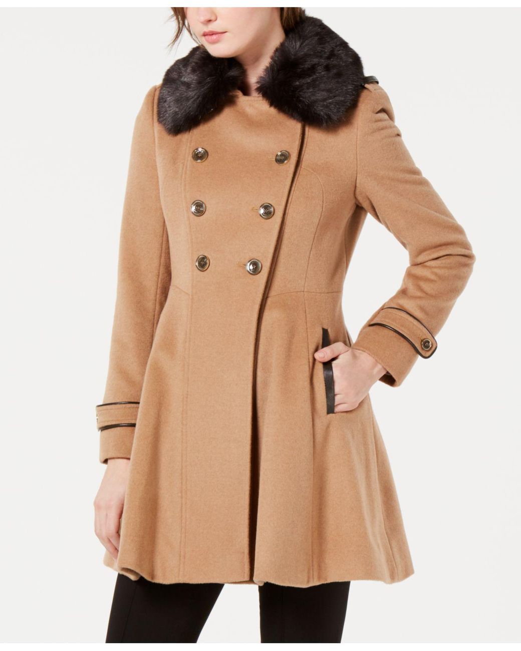 Faux Fur Trim Faux Leather Trench Coat