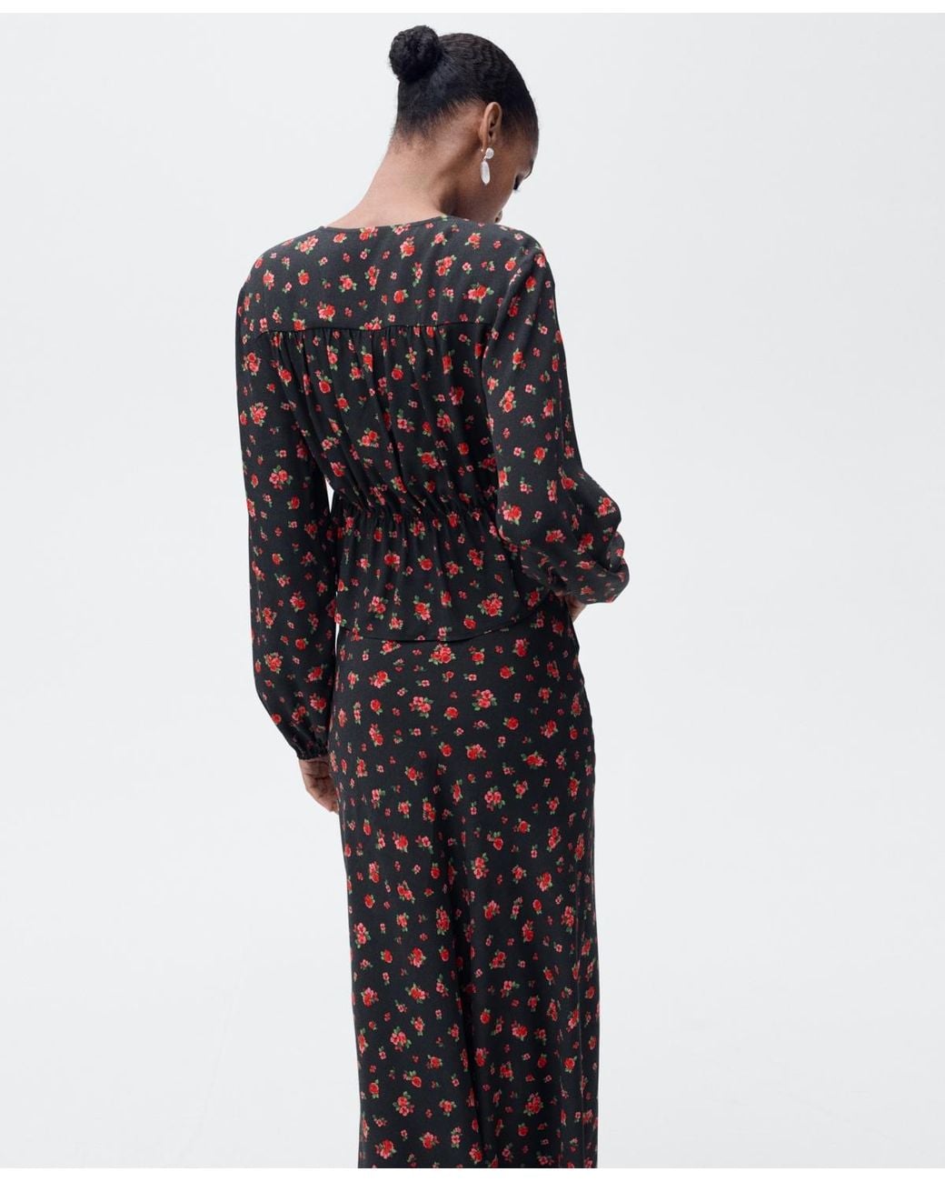 Mango Black Ruffled Floral Blouse