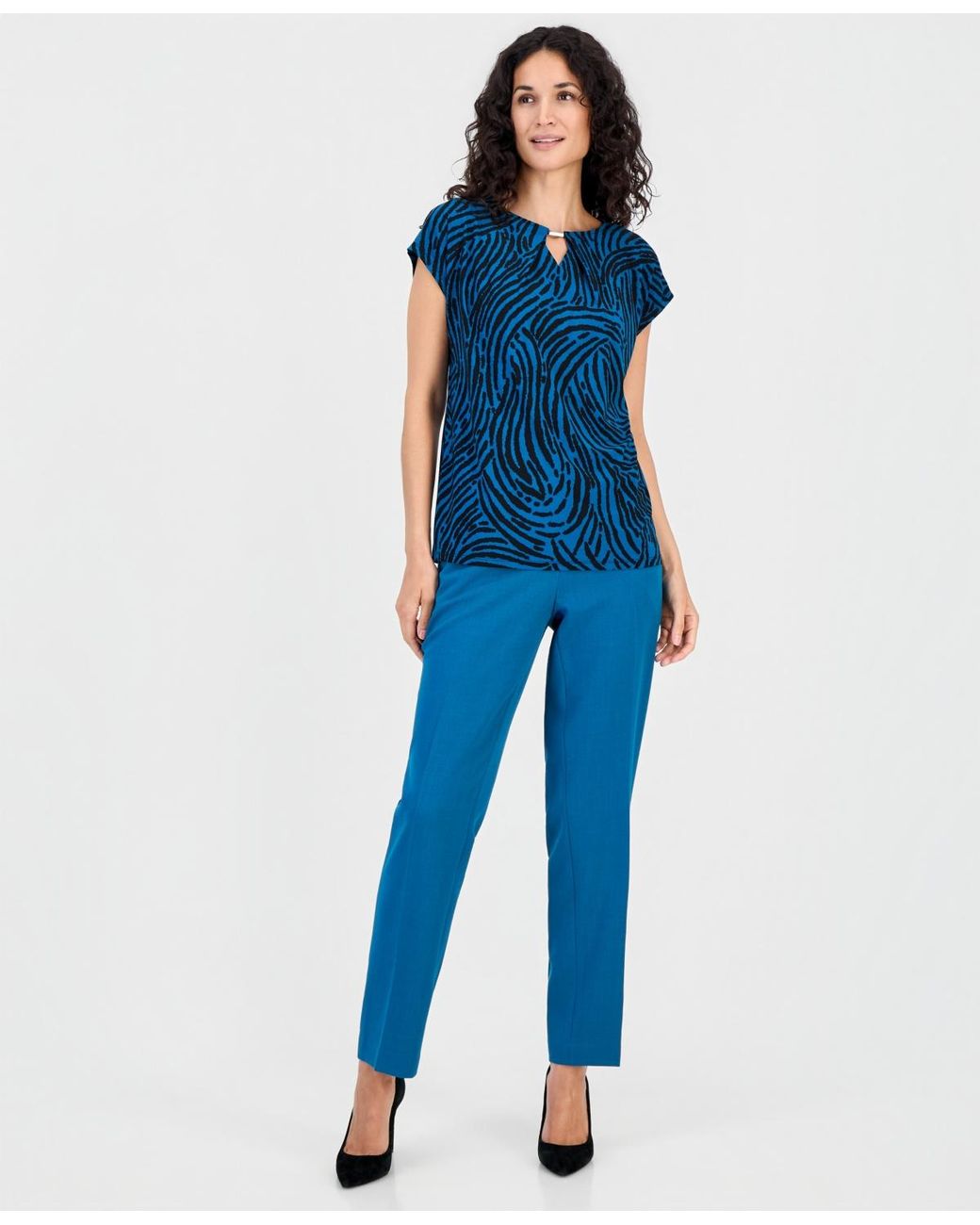 Kasper Blue Printed Diamond-neck Blouse