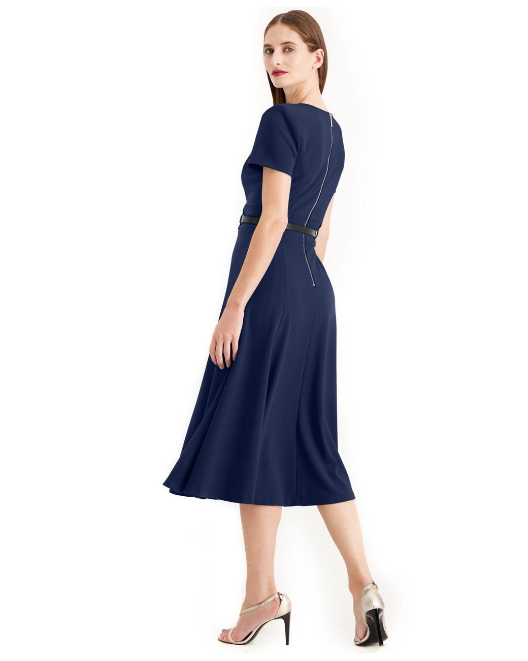 Calvin Klein Belted Fit & Flare Midi Dress in Blue | Lyst