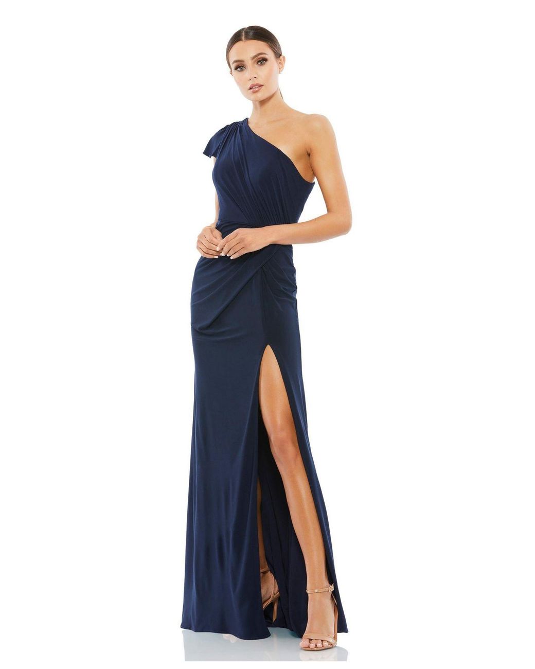 Mac Duggal Ruffled One Shoulder Draped Gown in Blue | Lyst