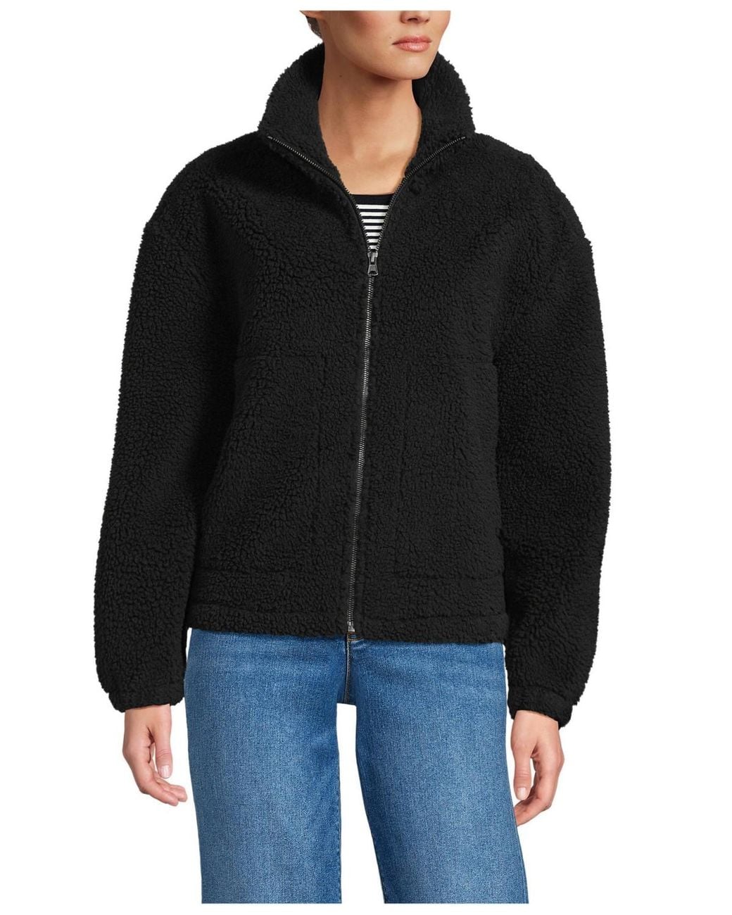 Lands' End Black Faux Shearling Zip Front Fleece Jacket
