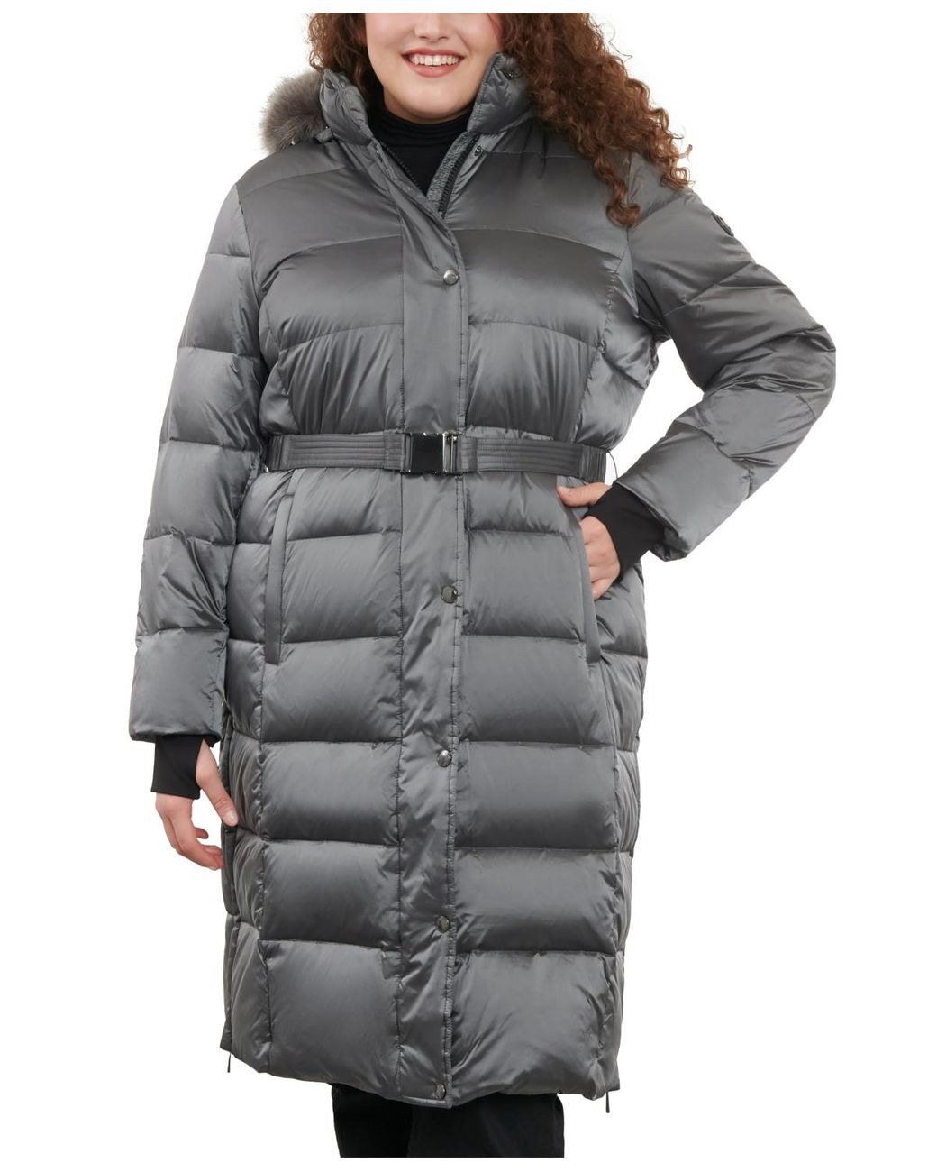 Michael Kors Plus Size Shine Belted Faux-fur-trim Hooded Puffer Coat in  Gray | Lyst