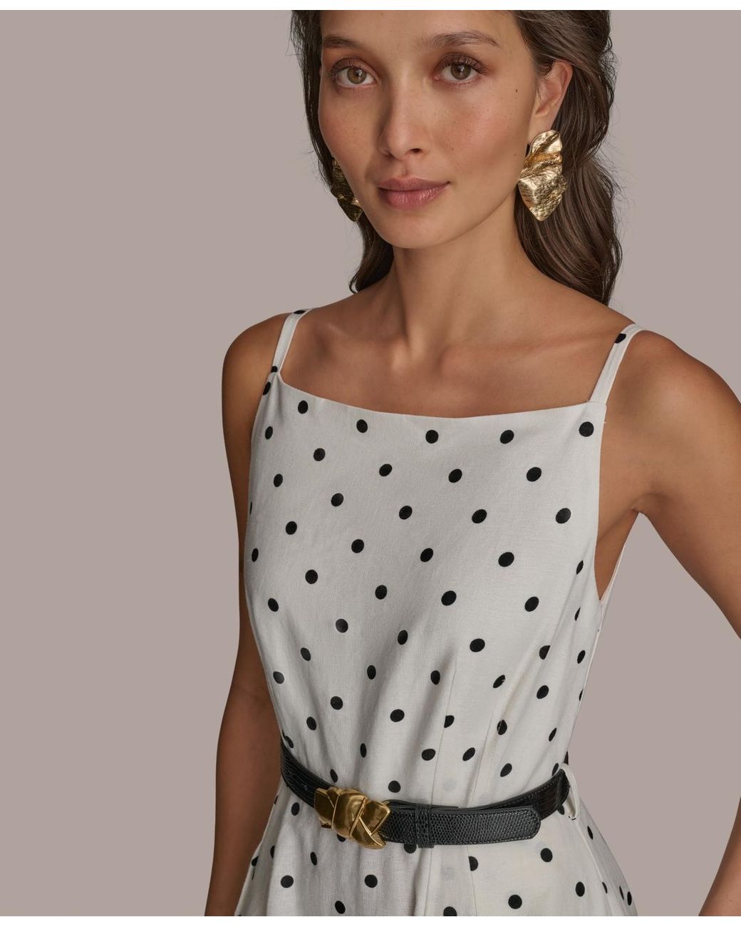 【Donna Karan New York】Linen-Blend Polka-Dot A-Line Dress Donna Karan New York Women's Linen-Blend Polka-Dot A-Line