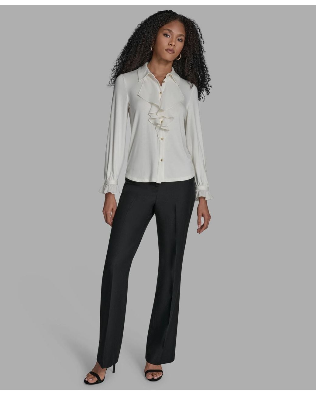 BCBGMAXAZRIA Gray Button Down Ruffle Front Blouse