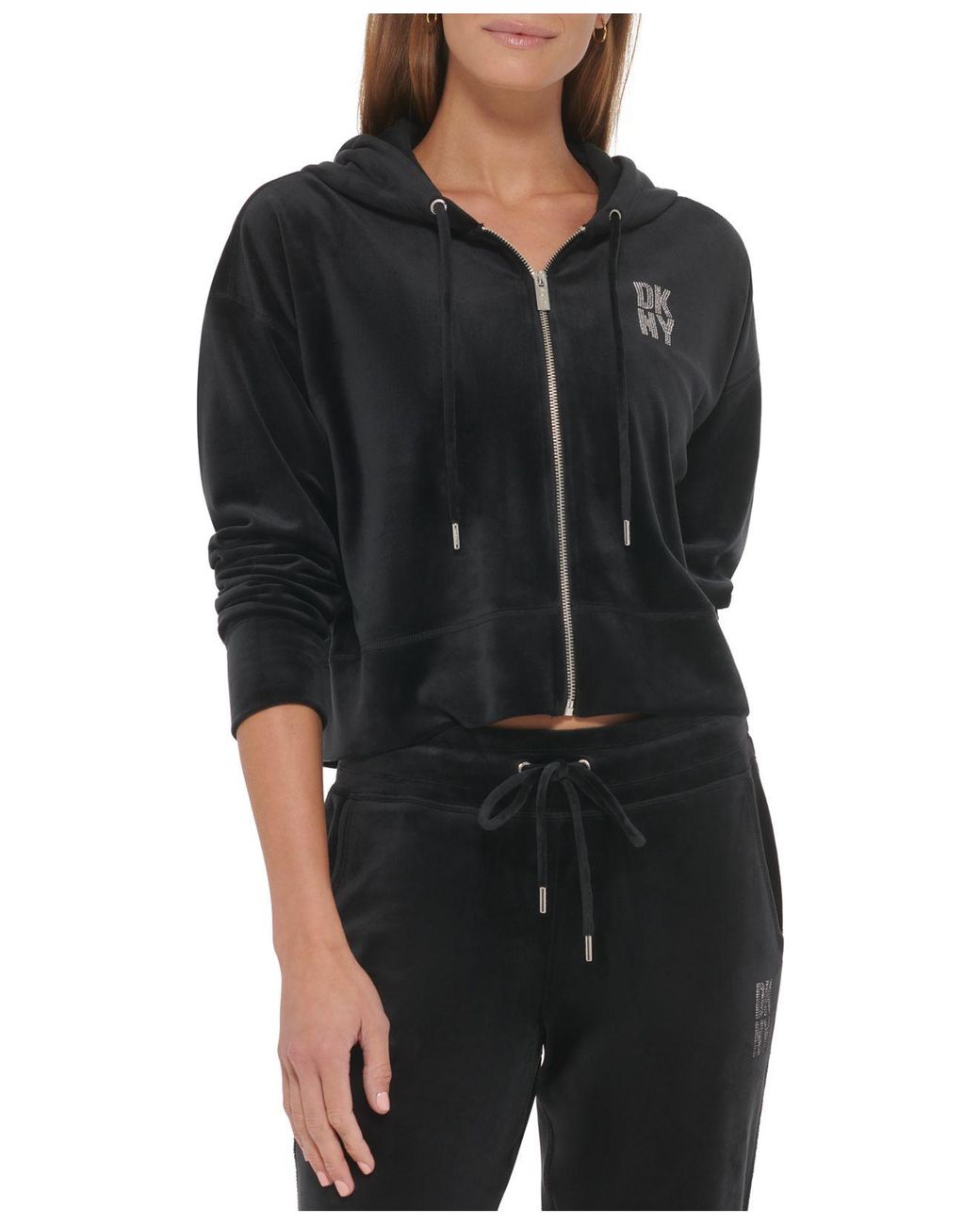 DKNY Velour With Rhinestones Logo Zipup Hoodie in Black Lyst