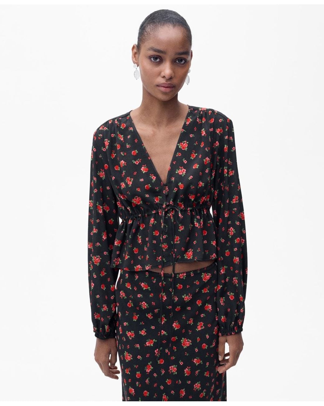 Mango Black Ruffled Floral Blouse