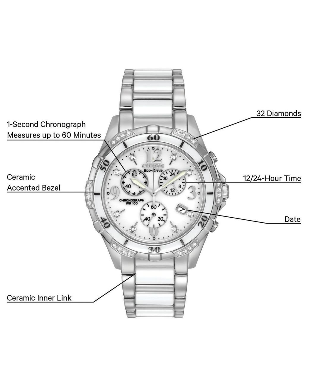 Citizen Women s Chronograph Eco drive Diamond Accent Stainless Steel And White Ceramic Bracelet Watch 40mm Fb1230 50a in Gray Lyst