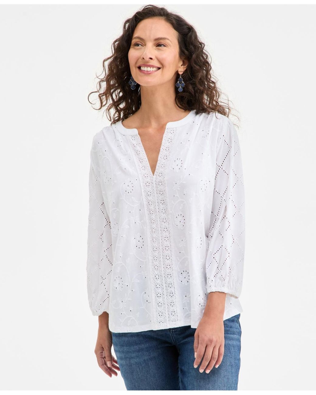 Style & Co. White Split-neck Eyelet-embroidered Top