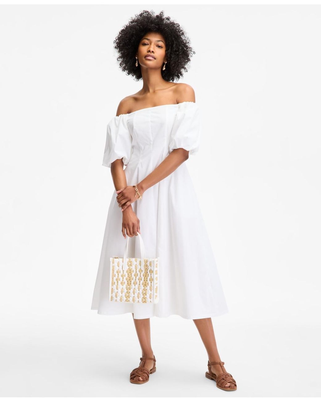 On 34th Off-the-shoulder Puff-sleeve Midi Dress in White | Lyst