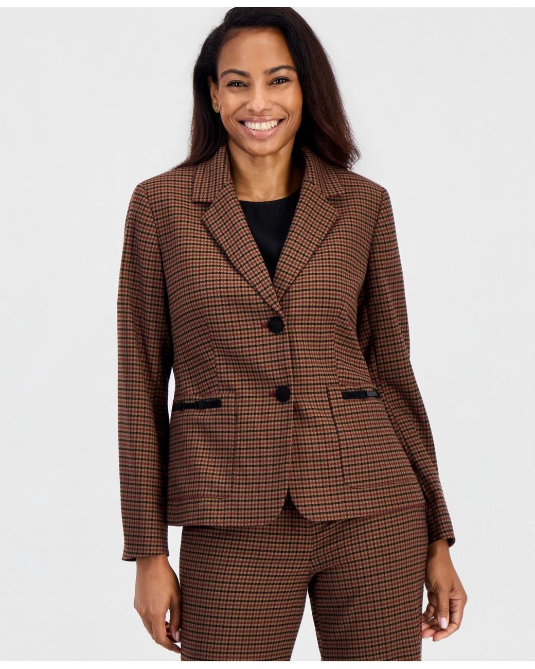 Kasper Brown Plaid Notch-collar Patch-pocket Blazer