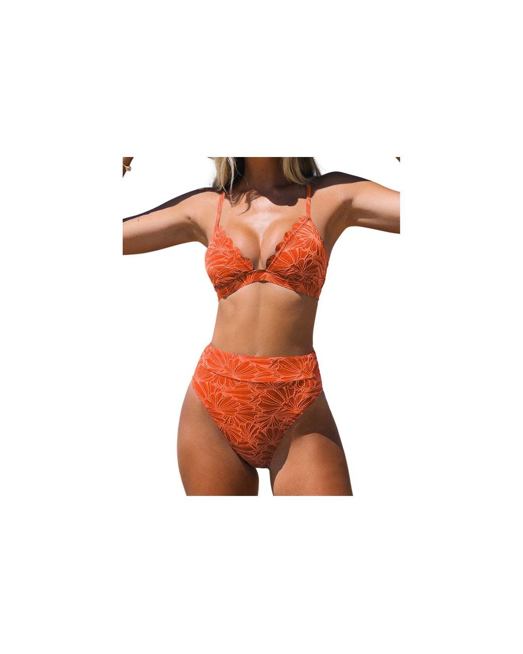 CUPSHE Bikini Set Scalloped Cross Back High Waisted Bathing Suit