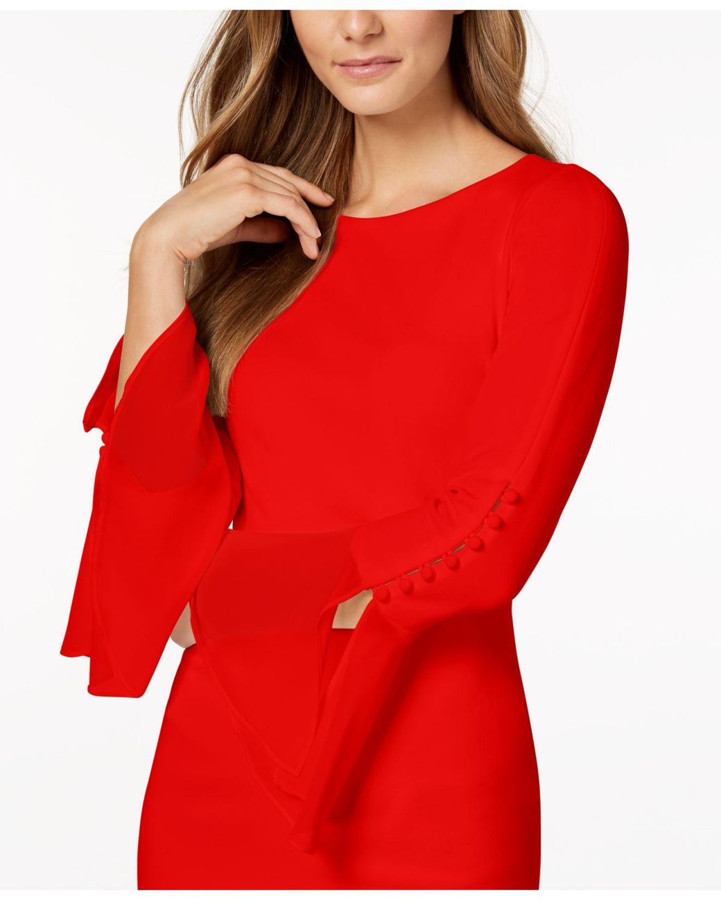 Calvin Klein Chiffon-bell-sleeve Sheath Dress in Red | Lyst