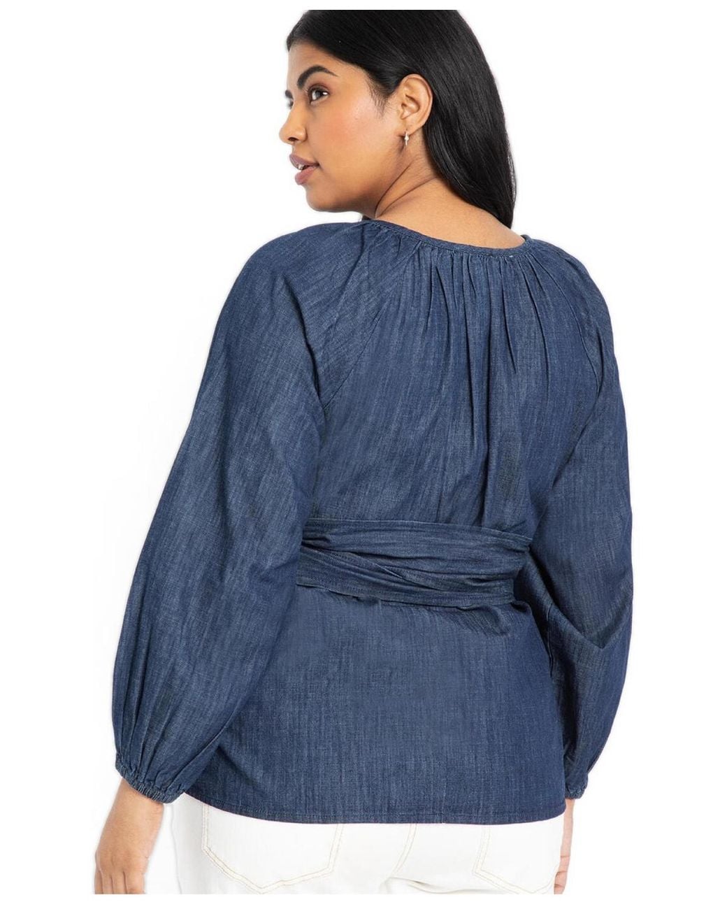 Eloquii Blue Plus Size Dramatic Faux Wrap Top