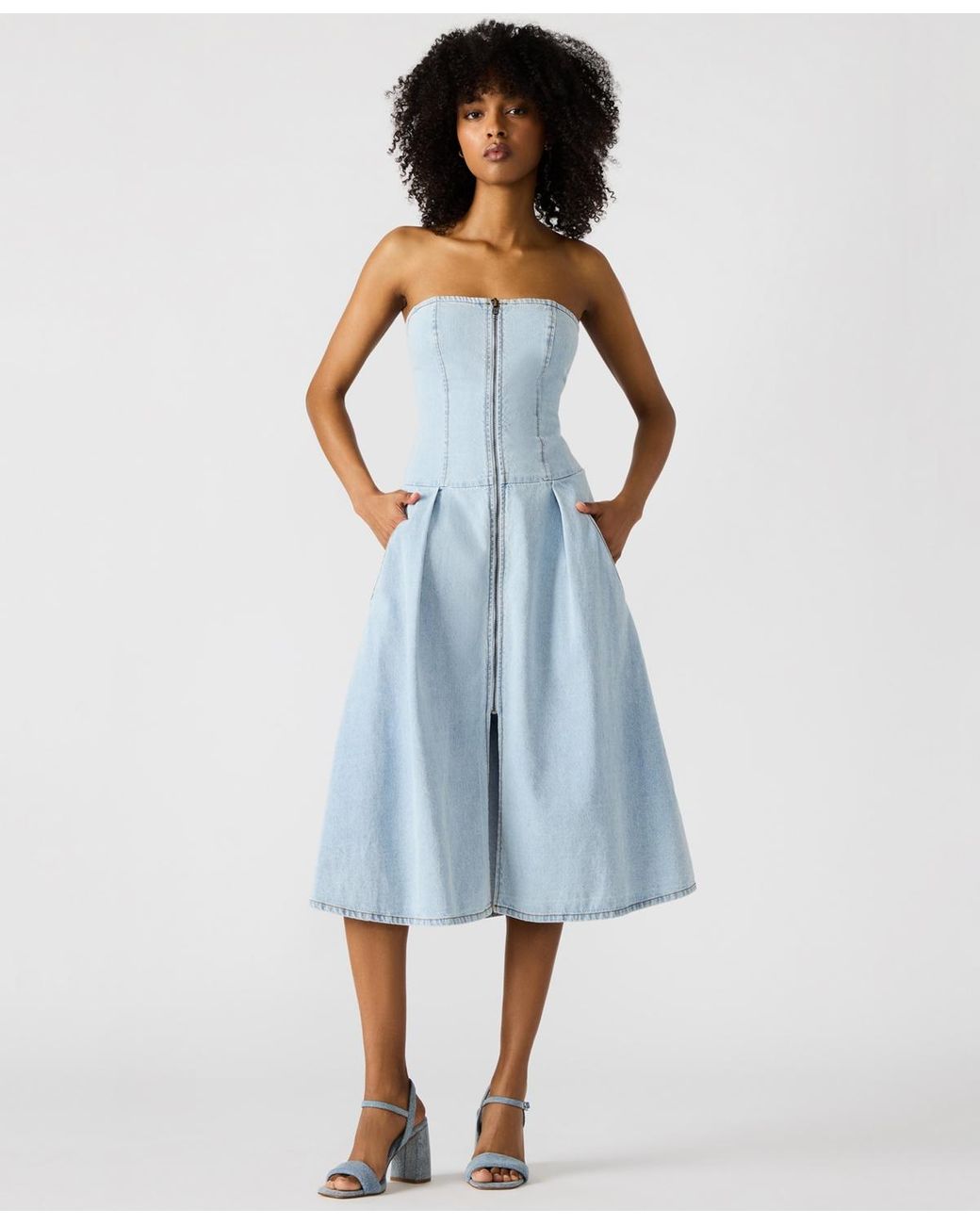 steve madden denim dress Vilma Maxi - Arctic Blue inspired waist adds shapely structure to this chic chambray shirtdress framed by long sleeves and cut to a leggy length Steve Madden Liya Collared Cap
