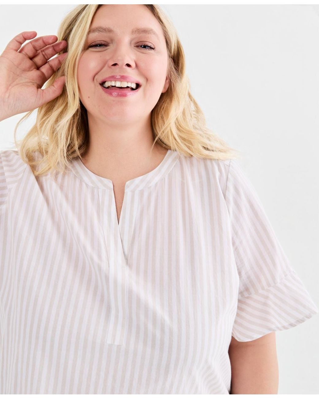 Style & Co. White Plus Size Flared-cuff Split-neck Top