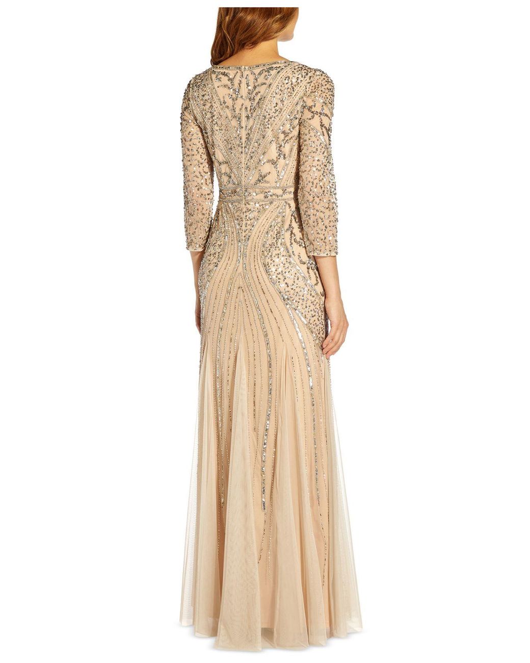 Adrianna Papell Embellished 3 4 sleeve V neck Gown in Natural Lyst