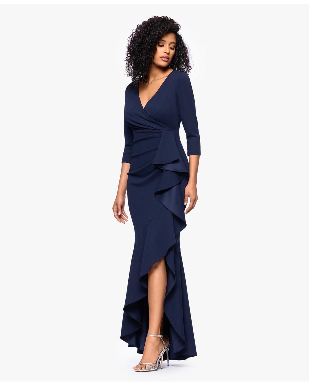 Betsy & Adam Long Cascading Ruffle Gown in Blue | Lyst
