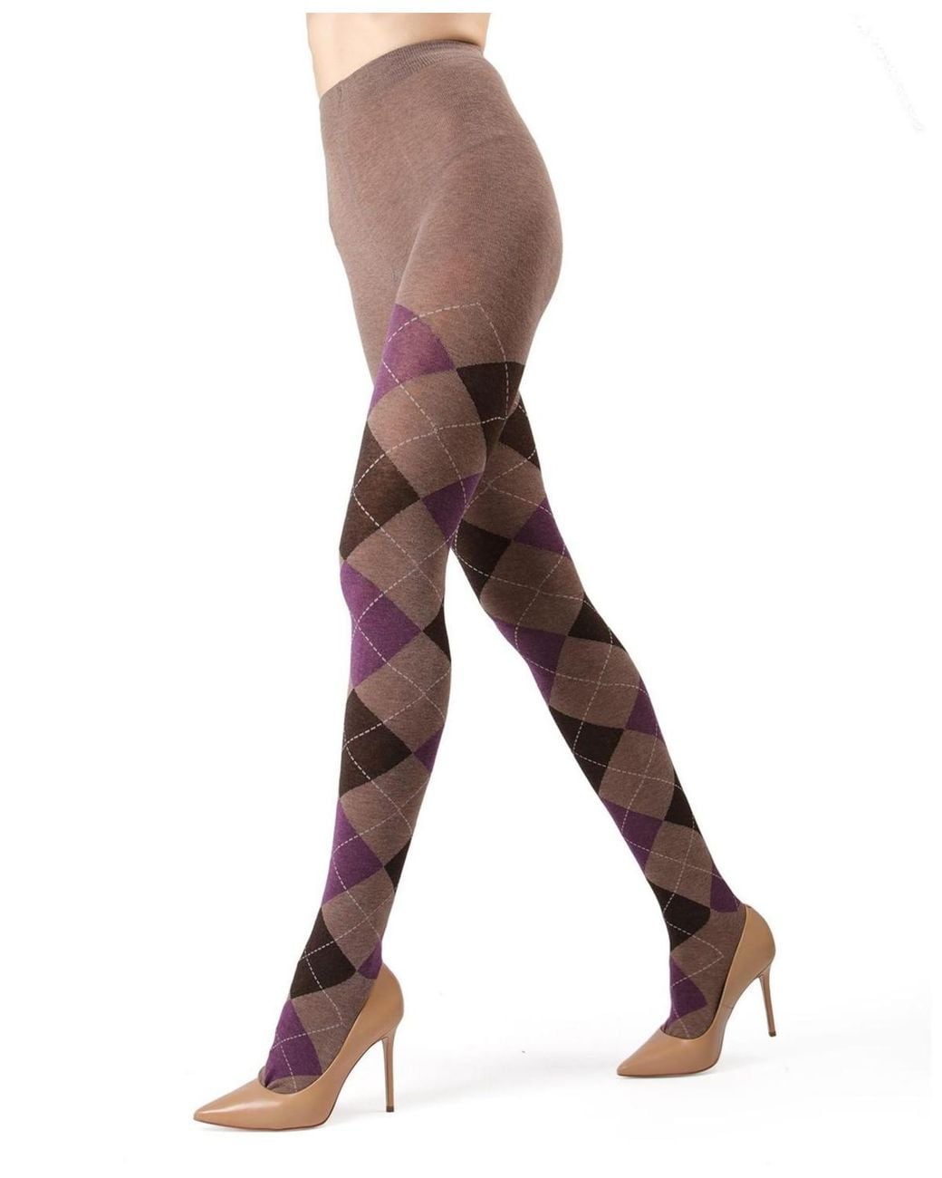 Memoi White Textured Argyle Patterned Sweater Tights