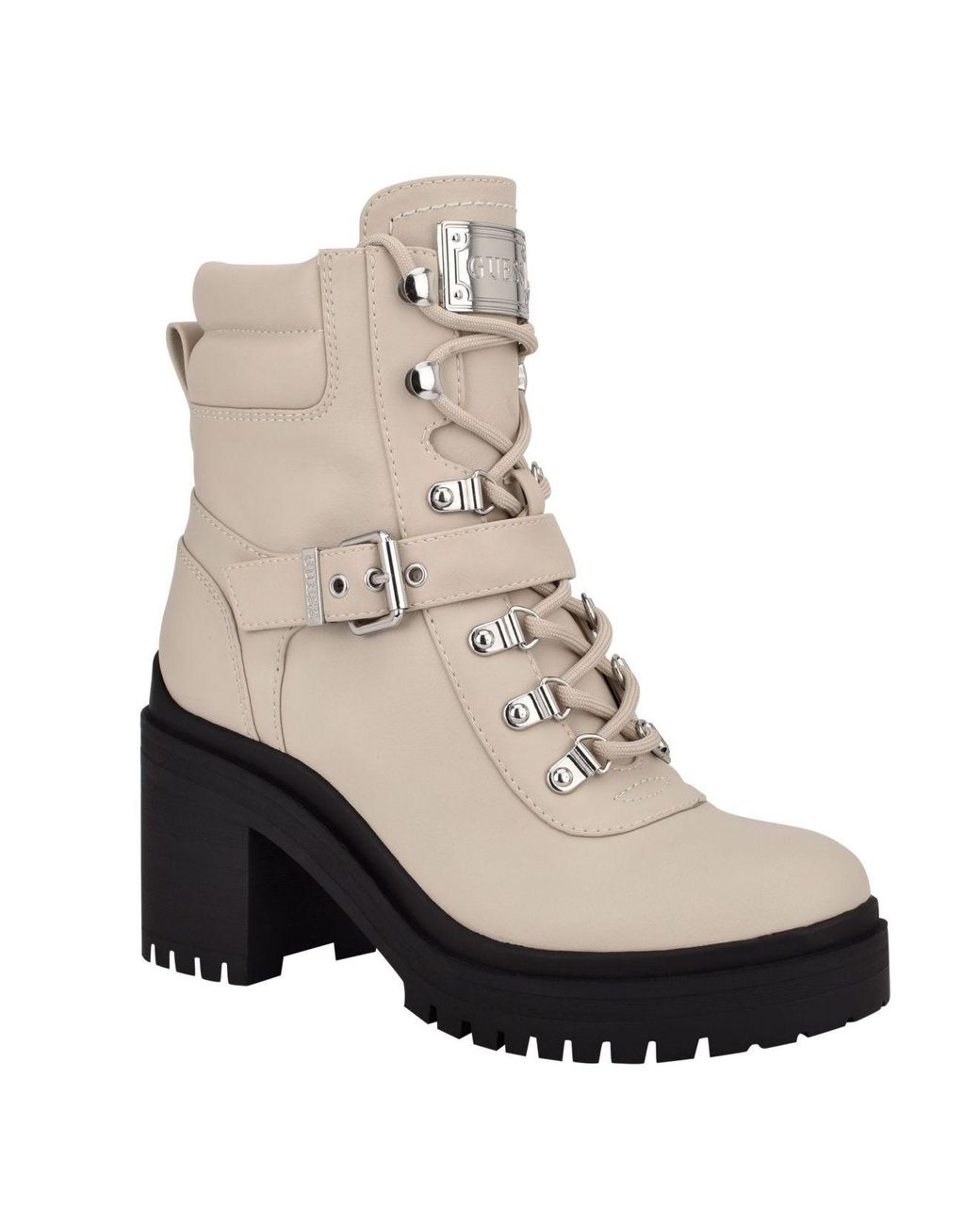 Guess Canaly Lug Sole Block Heel Combat Boots in White | Lyst