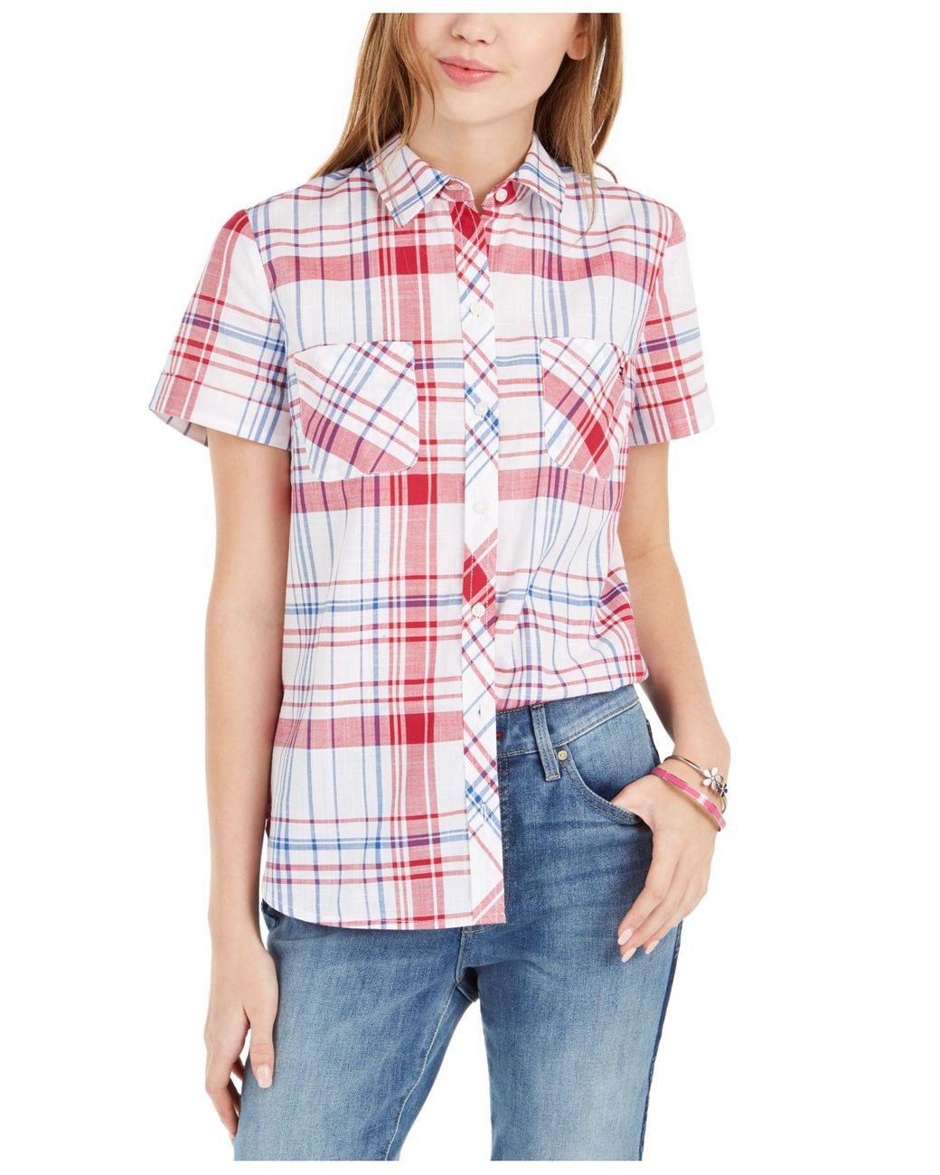 Tommy Hilfiger Cotton Plaid Camp Shirt in Red - Lyst