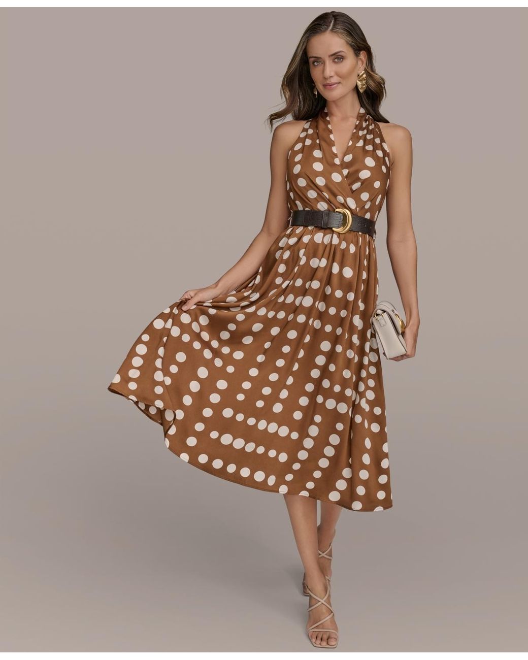 Donna Karan Polka-dot Belted A-line Dress in Brown | Lyst