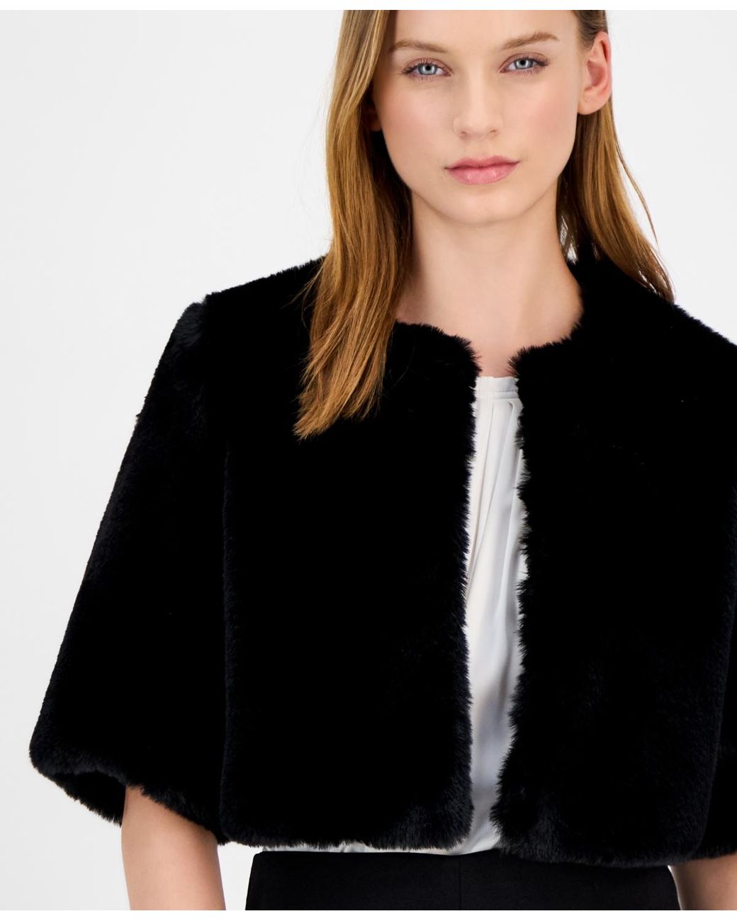 Anne Klein Faux Fur Open Front Shrug in Black | Lyst