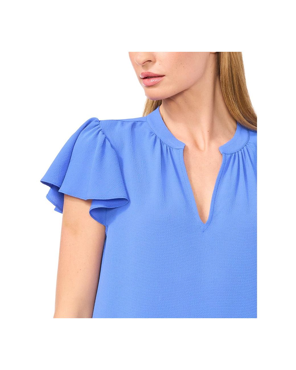 Cece Blue Short Ruffled Sleeve Solid V-neck Blouse