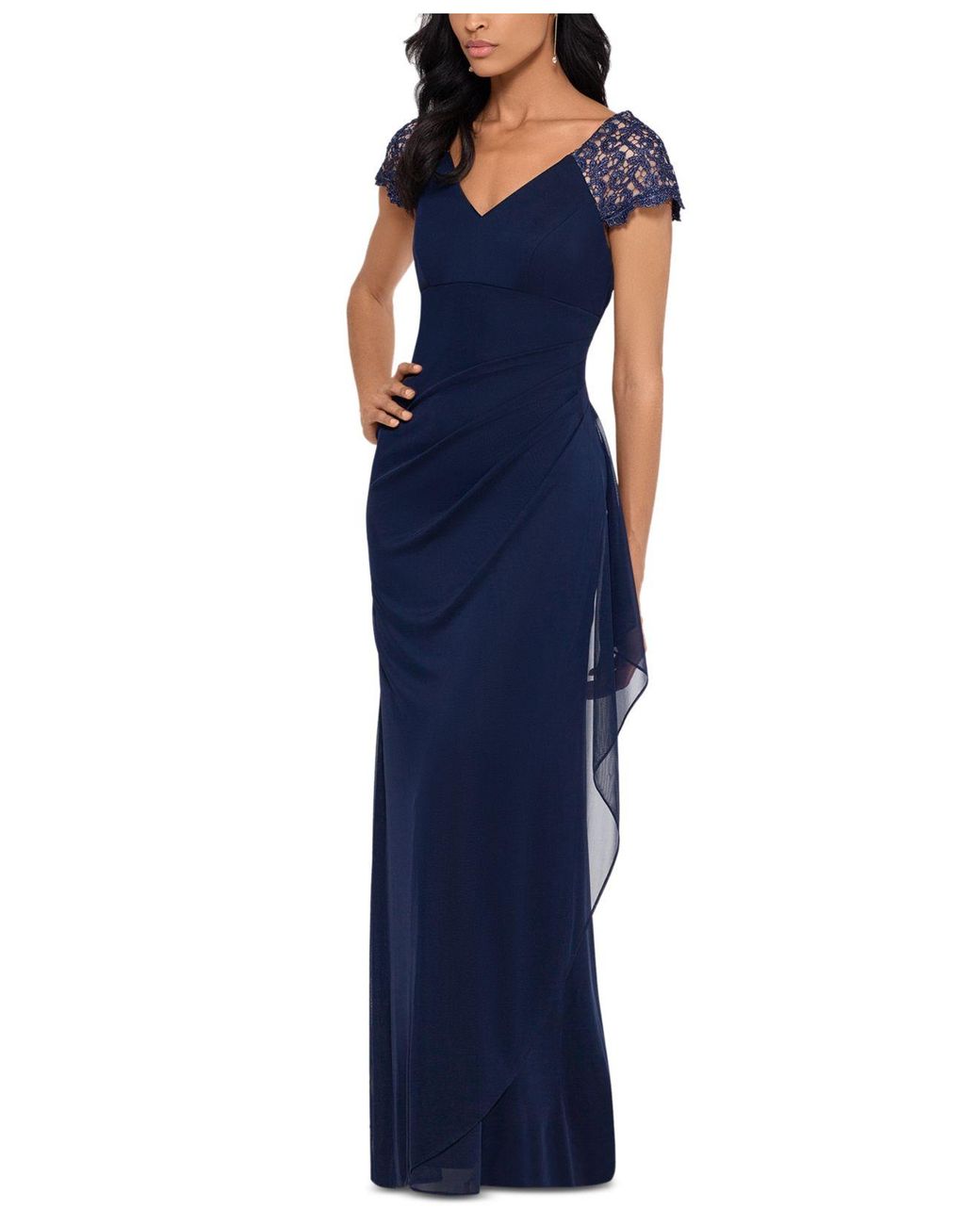Xscape Lace-sleeve Chiffon Gown in Navy Blue (Blue) - Lyst