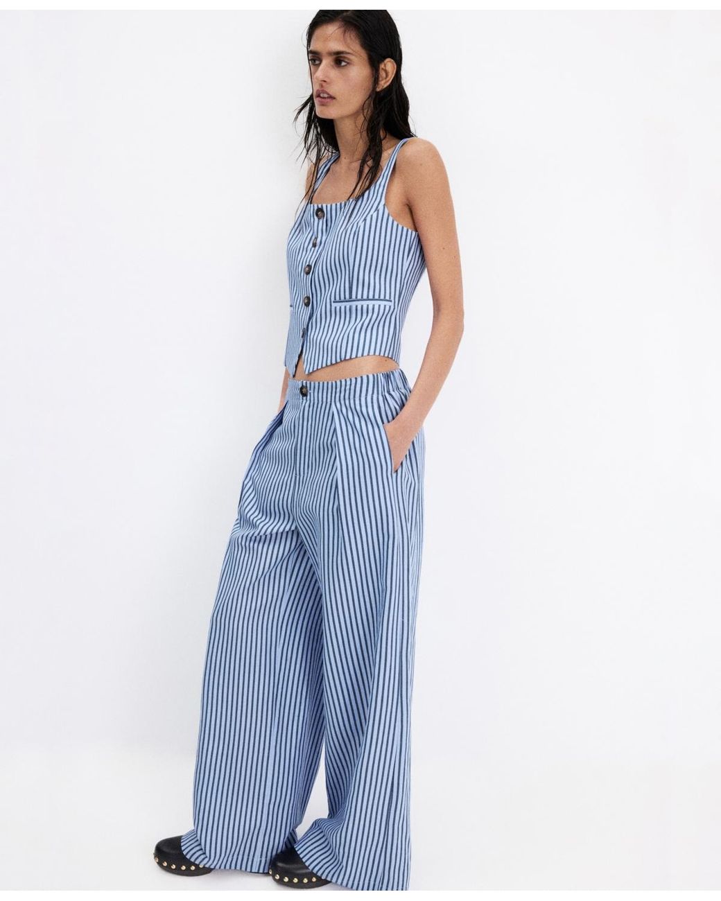 Mango Blue Striped Buttoned Vest