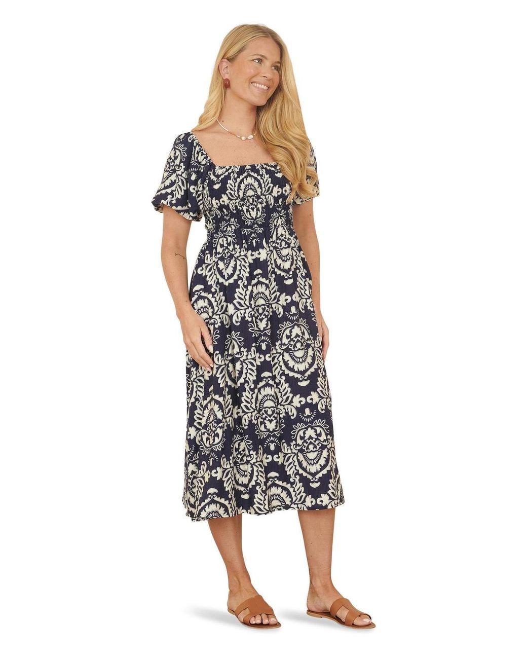 Yumi' Aztec Print Ruched Midi Dress in Blue | Lyst