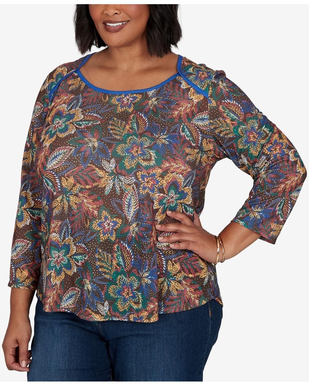 Ruby Rd Gray Plus Size Textured Floral Print Knit Top