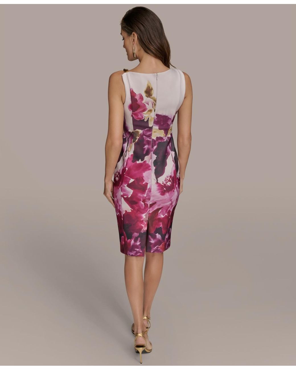 Donna Karan Scuba Floral-print Asymmetrical-neck Sheath Dress in Red | Lyst